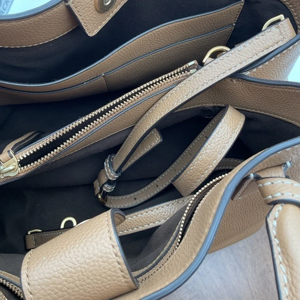 Tory Burch Tan Pebbled Leather Tote with Logo